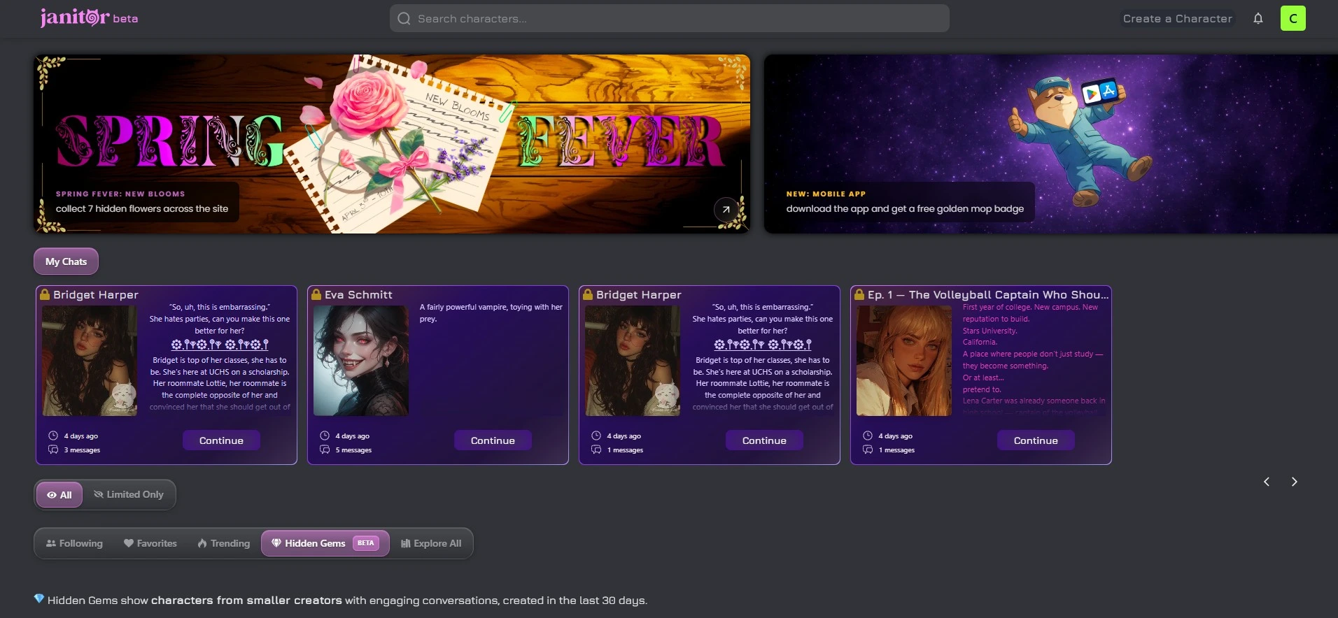Avaliação Janitor AI — filtros de busca e categorias