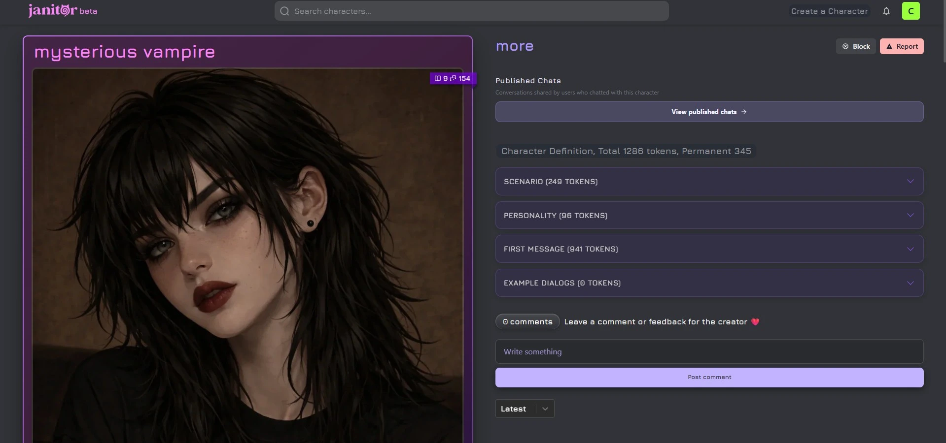 Avaliação Janitor AI — interface de chat roleplay