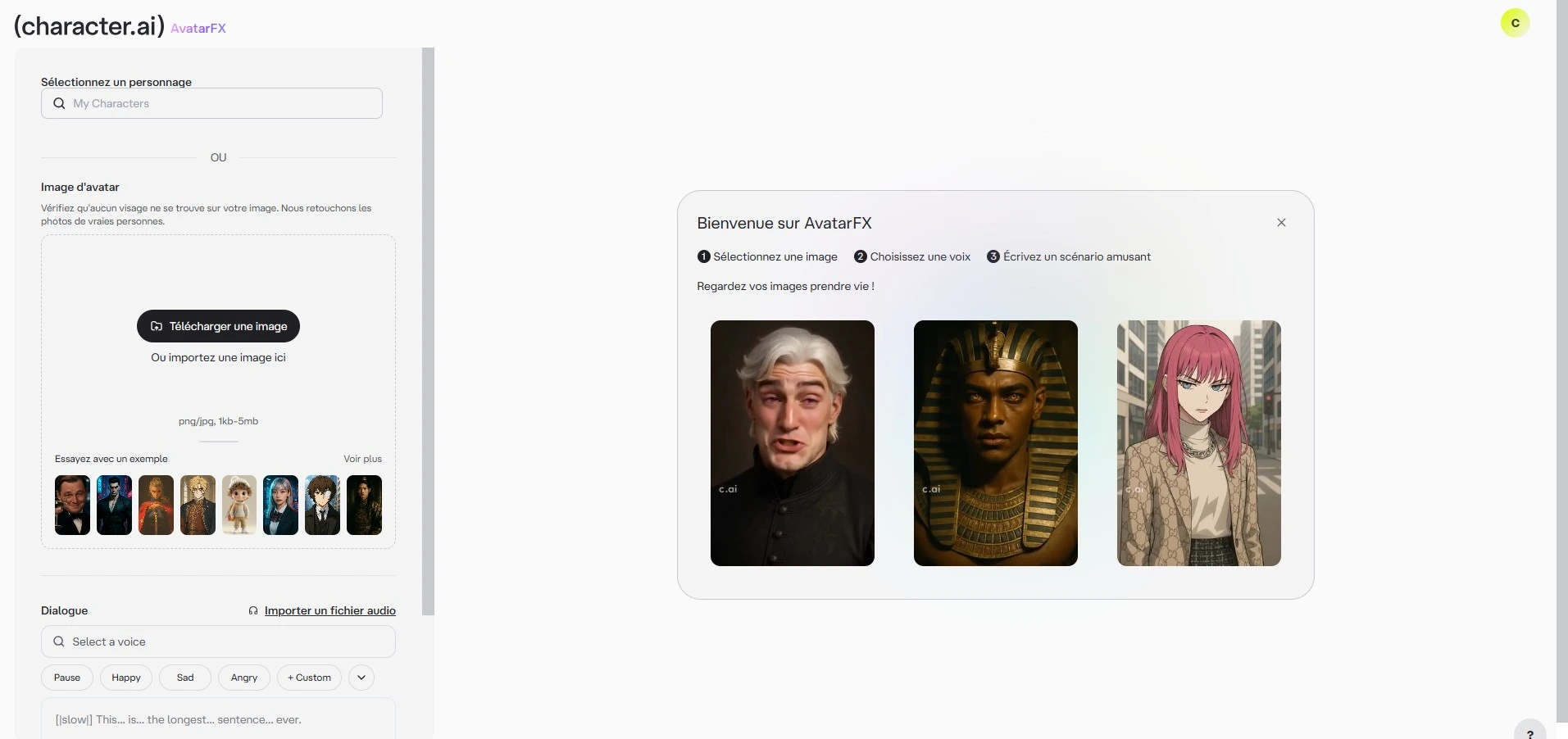 Avaliação Character AI — configuração de avatar e efeitos visuais