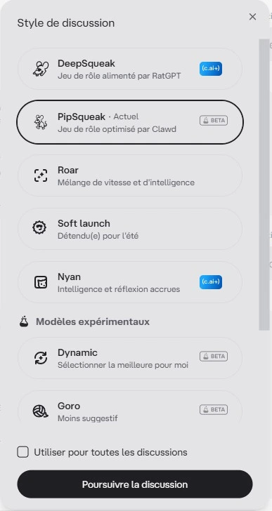 Avaliação Character AI — seleção do motor LLM nas configurações