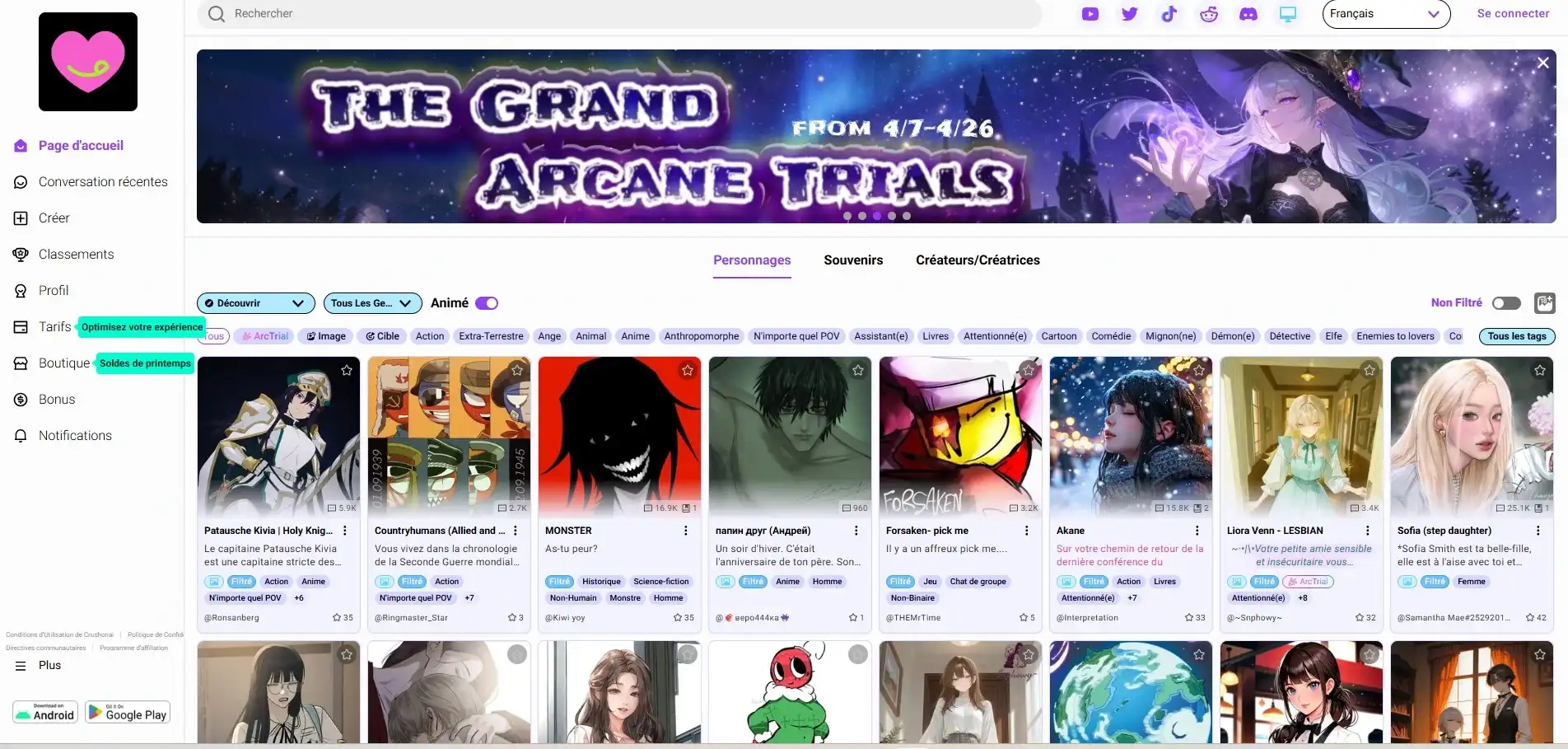 Avaliação CrushOn AI — catálogo de personagens e comunidade massiva