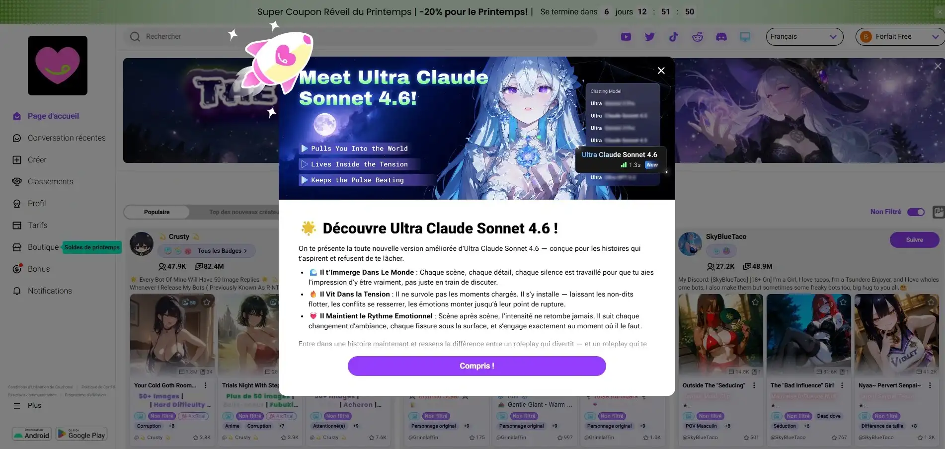 Avaliação CrushOn AI — interface e modelos LLM Ultra Claude Sonnet