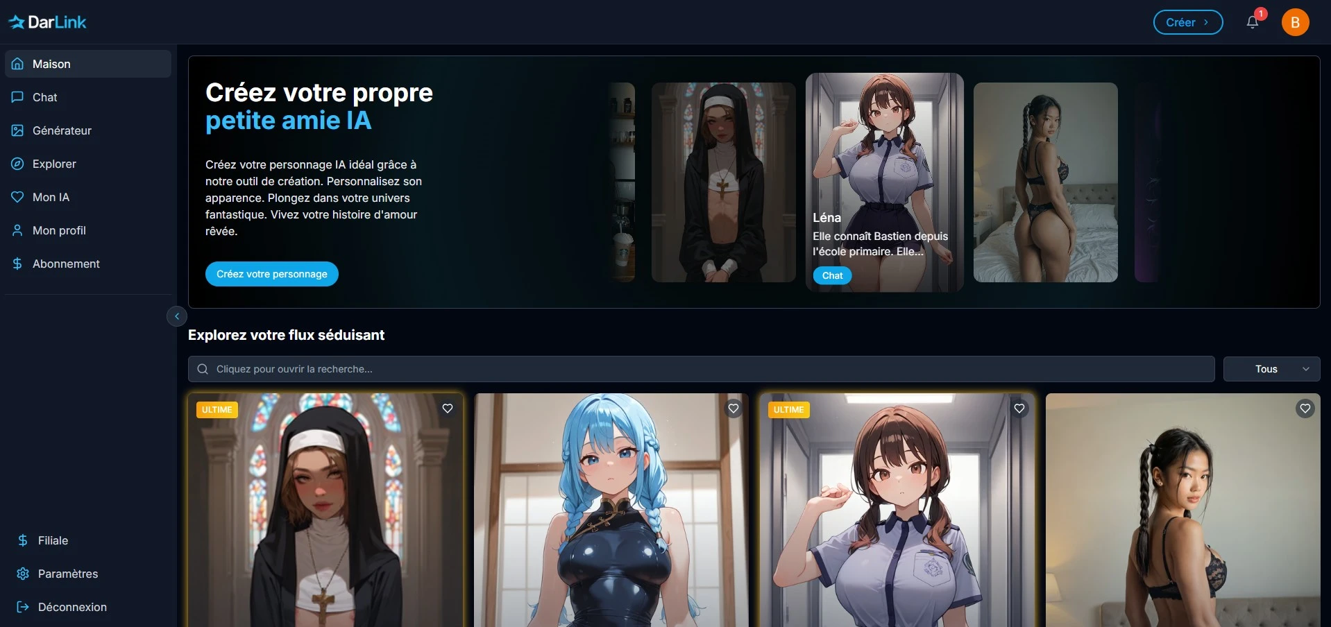 Avaliação DarLink AI — interface de boas-vindas e galeria de personagens Hentai