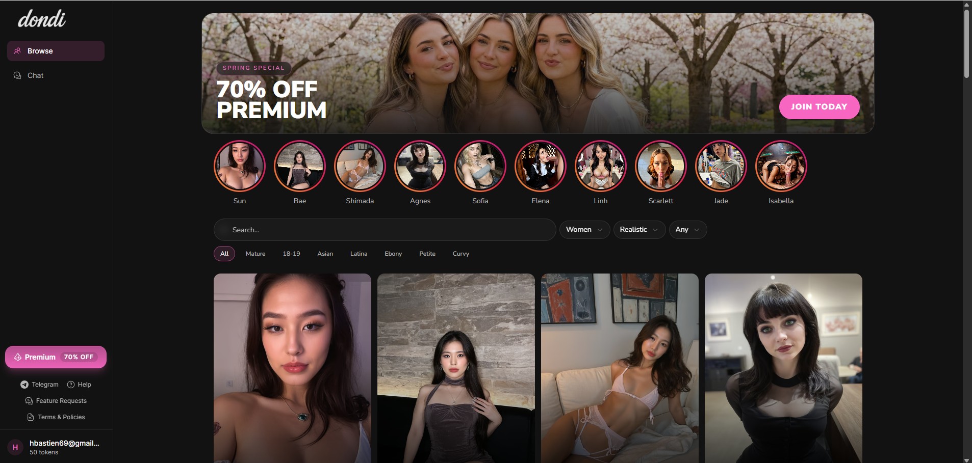 Review Dondi.ai — página inicial Browse com catálogo de personagens, banner Spring Special 70% OFF, filtros por etnia