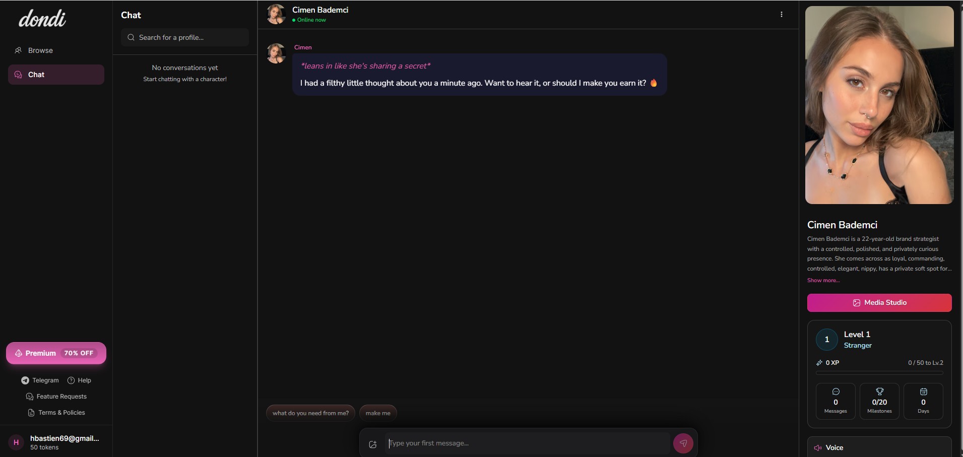 Review Dondi.ai — interface de chat com personagem Cimen Bademci, sidebar Media Studio à direita, sistema de nível Level 1 Stranger com barra XP, contadores Messages / Milestones / Days
