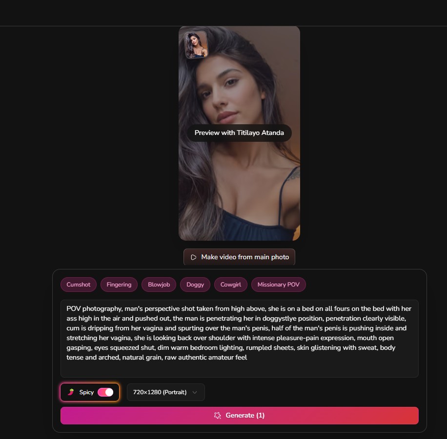 Review Dondi.ai — interface do Media Studio com geração de vídeo, preview do personagem, tags predefinidas, prompt assistido detalhado, toggle Spicy e botão Generate