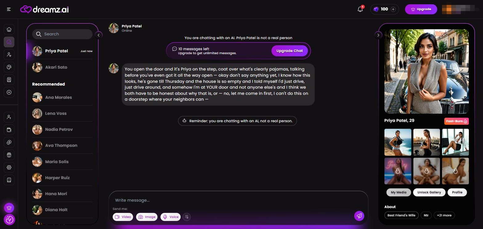 Dreamz.ai review — interface de chat e galeria da personagem