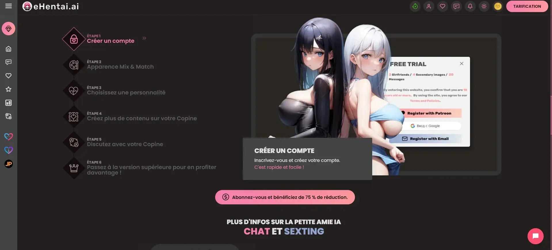 Avaliação eHentai AI — página inicial e cadastro