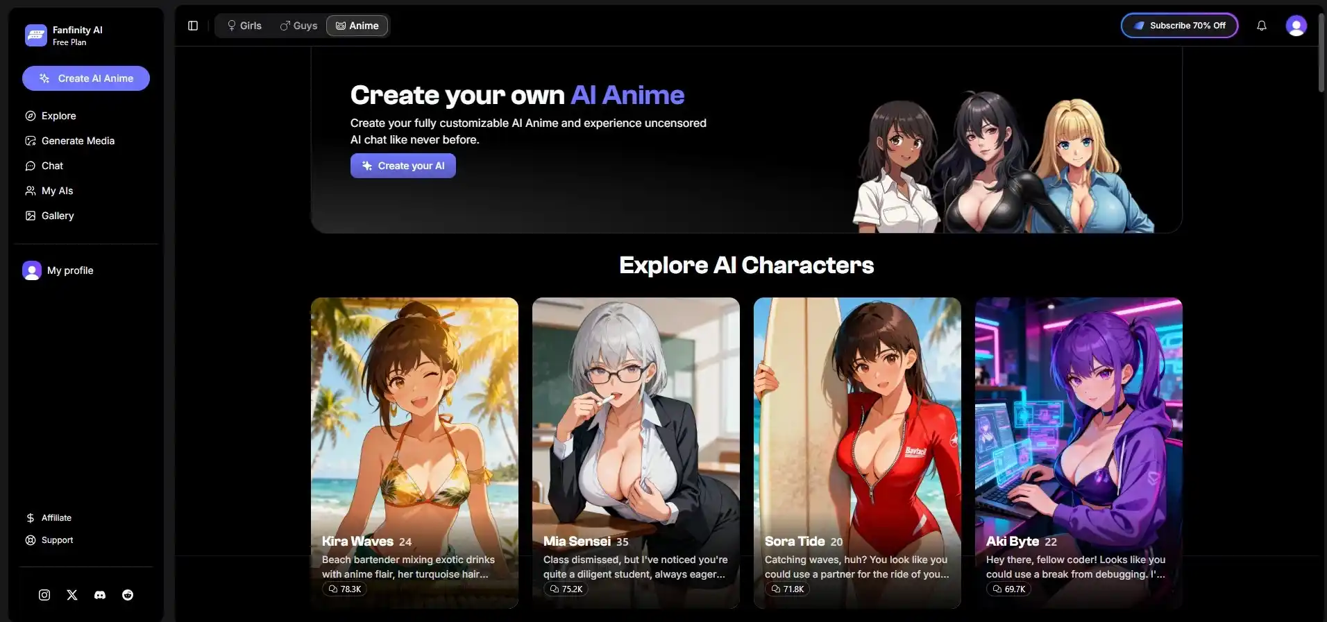 Avaliação Fanfinity — interface criação IA