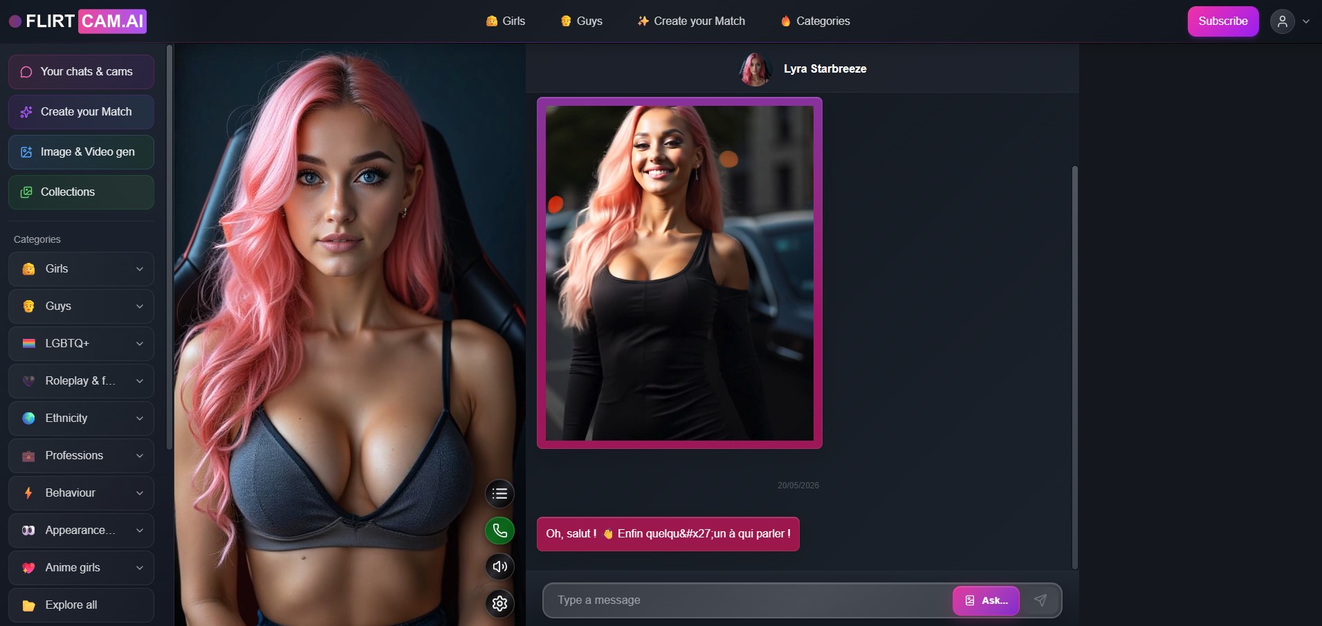 FlirtCam.AI review — sidebar categorias e navegação
