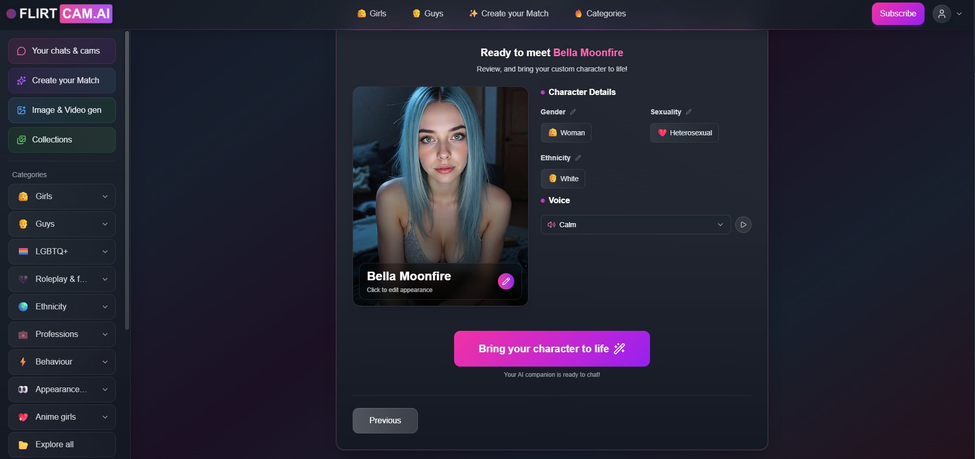 FlirtCam.AI review — página de personalização detalhada de um personagem