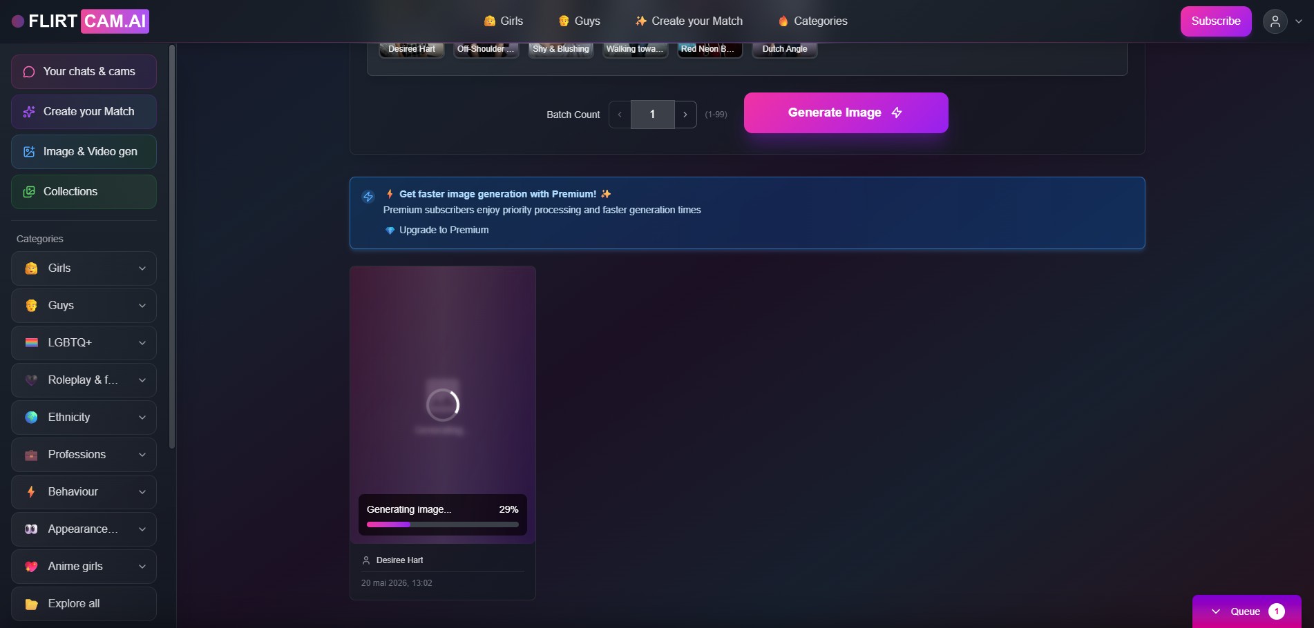 FlirtCam.AI review — interface de geração de imagem no chat