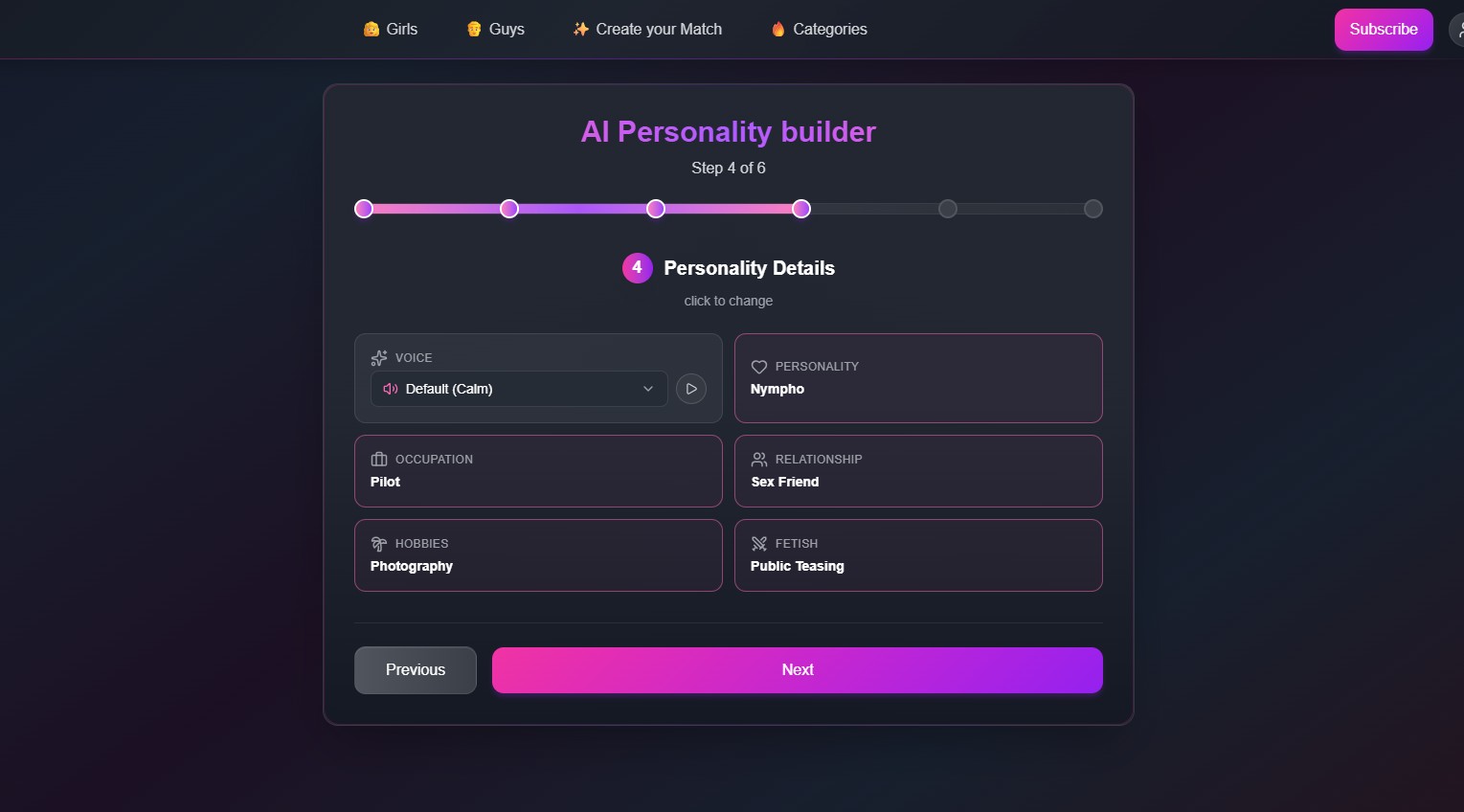 FlirtCam.AI review — AI Personality builder passo 4 de 6: personality, occupation, relationship, hobbies, fetish