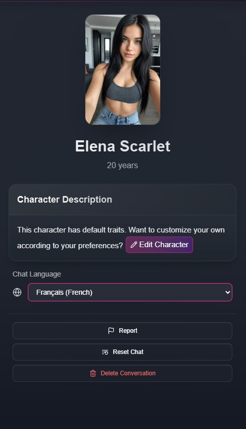 FlirtCam.AI review — seletor de idioma por personagem, português disponível