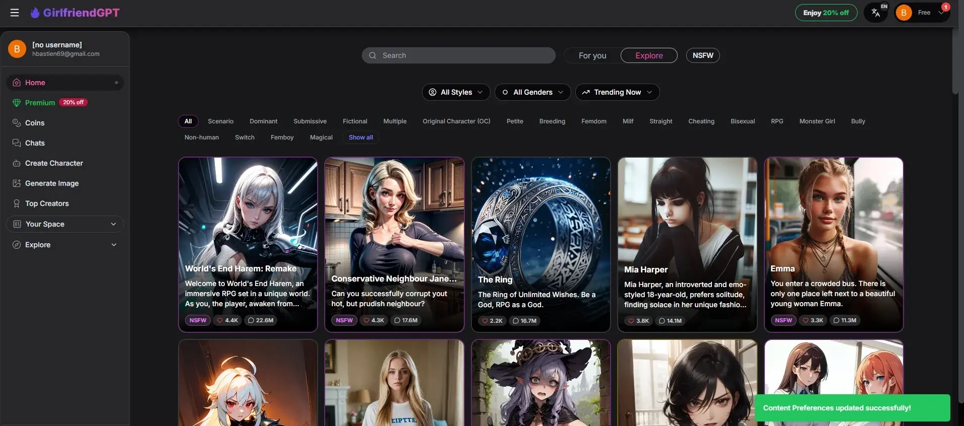 Avaliação GirlfriendGPT — catálogo ultra-amplo e tags NSFW