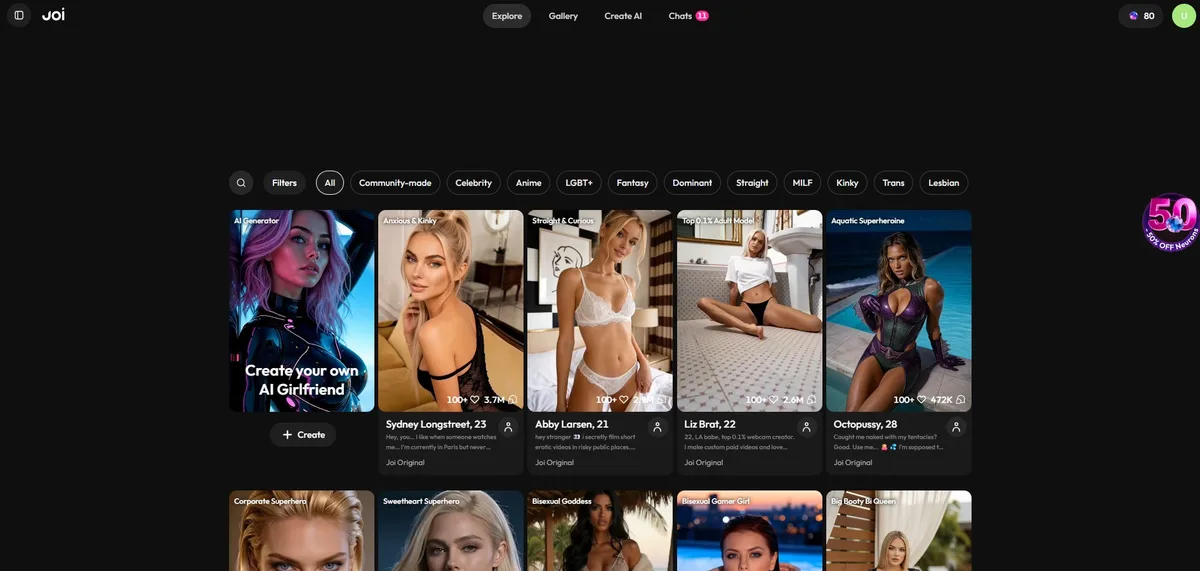 Avaliação Joi AI — galeria de personagens com filtros e categorias