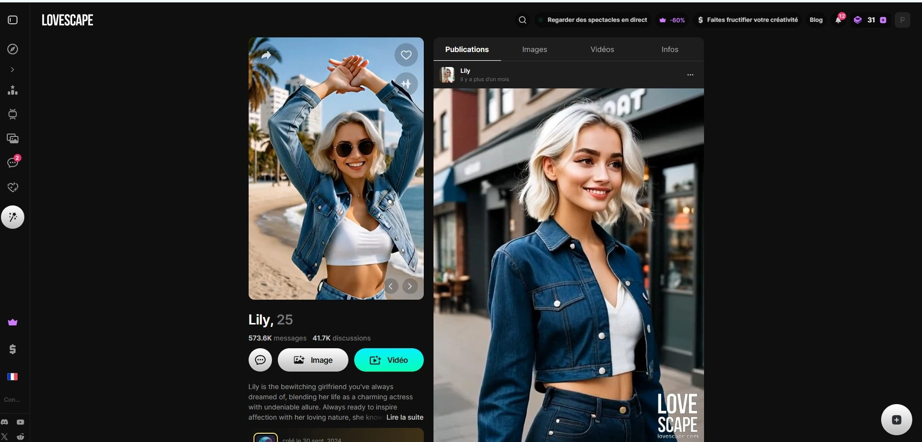 Avaliação Lovescape — ficha Lily página Insta com 573k mensagens