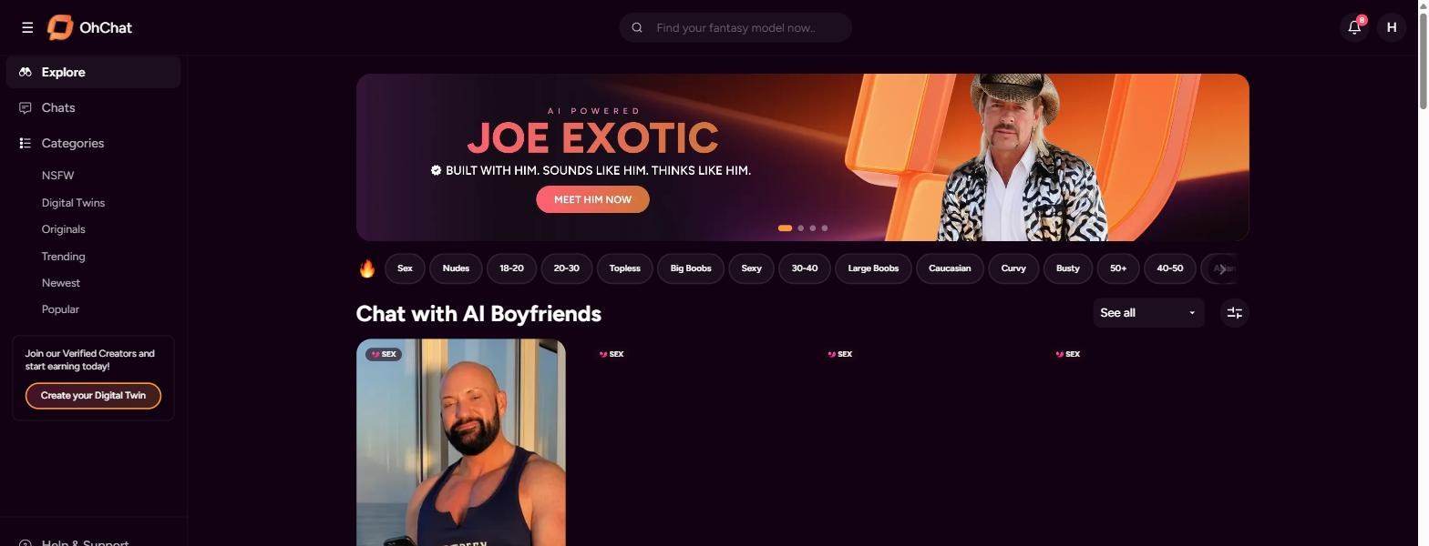 OhChat review — o toggle Female/Male: um catálogo de companions masculinos "AI Boyfriends"