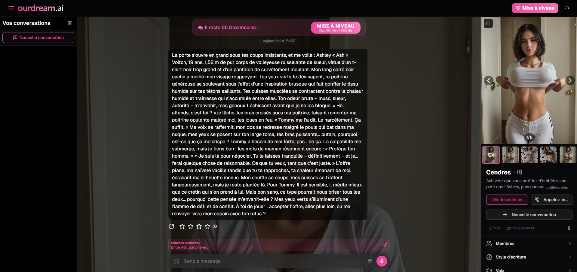 Avaliação OurDream AI — chat Ashley Cendres narrativo imersivo