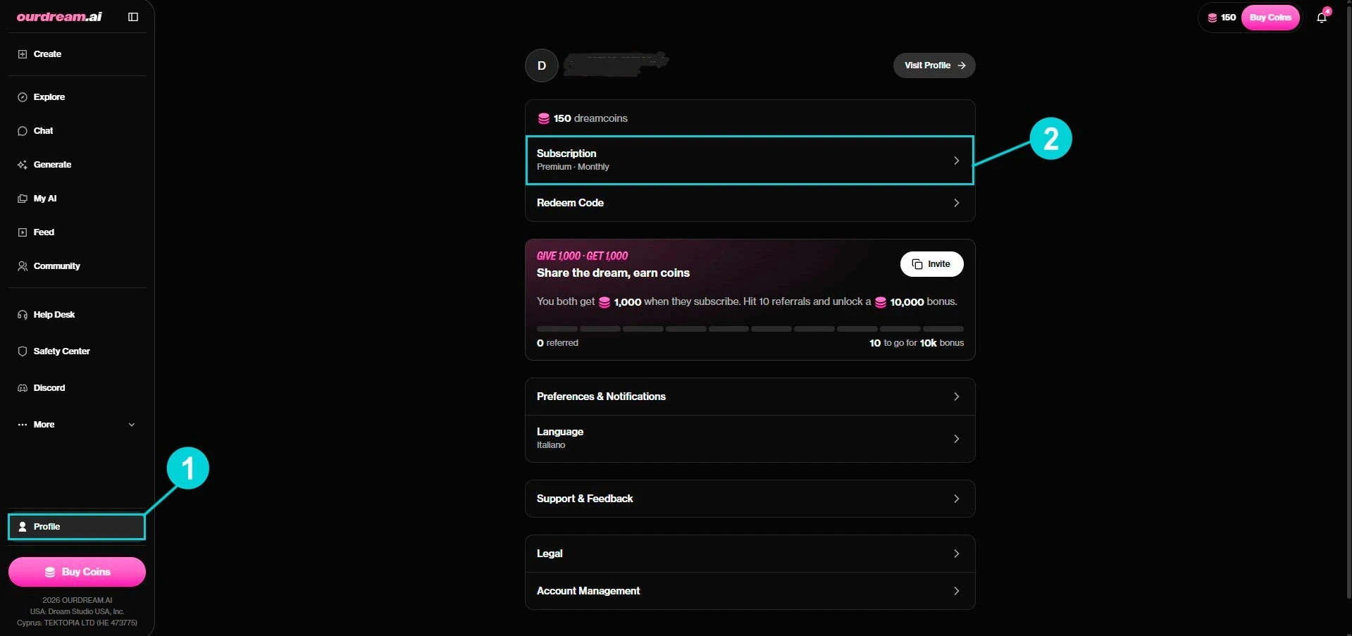 OurDream AI: página de perfil, acesso ao card Subscription