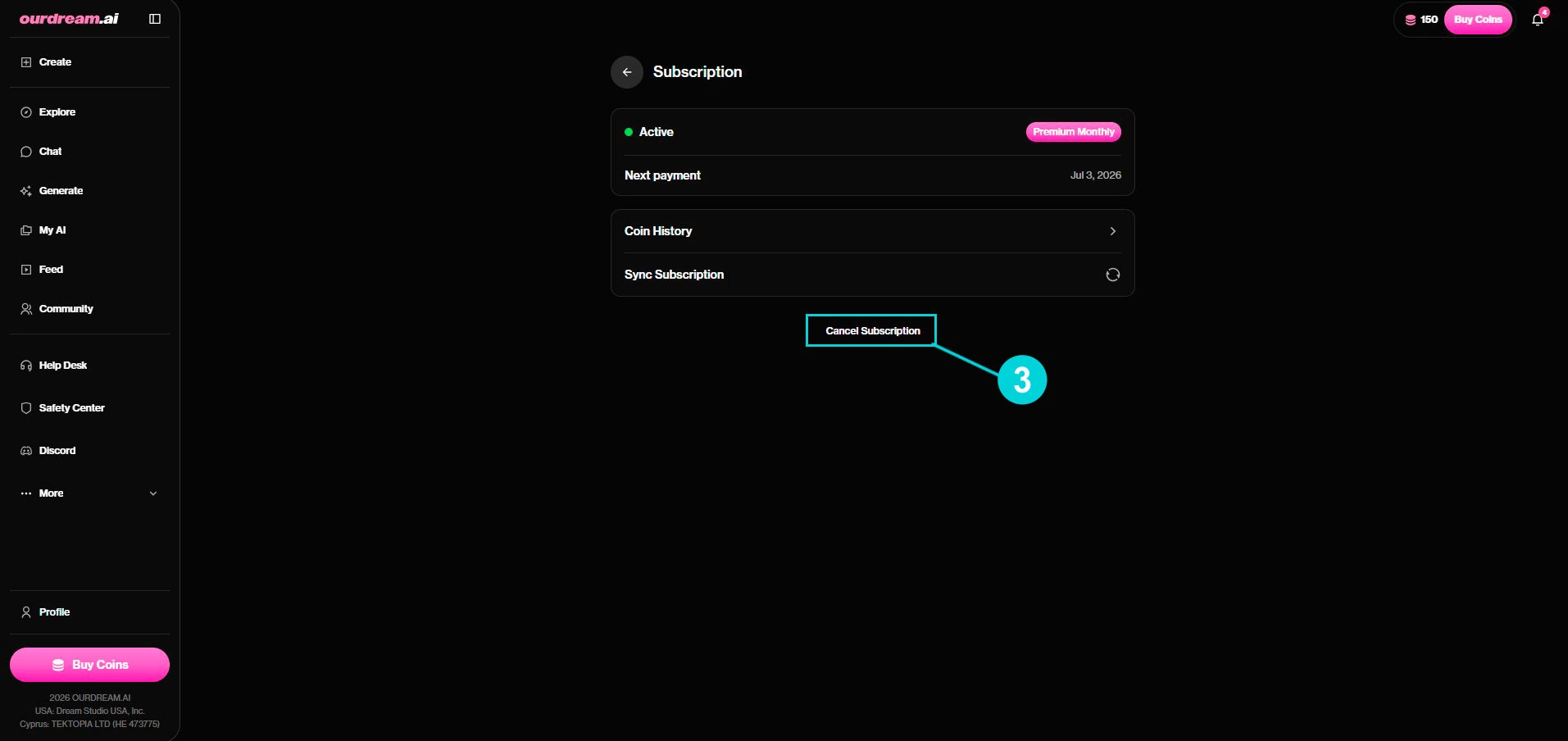 OurDream AI: página Subscription, botão Cancel Subscription