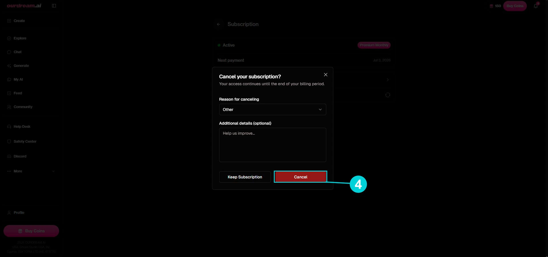 OurDream AI: janela de confirmação Cancel your subscription