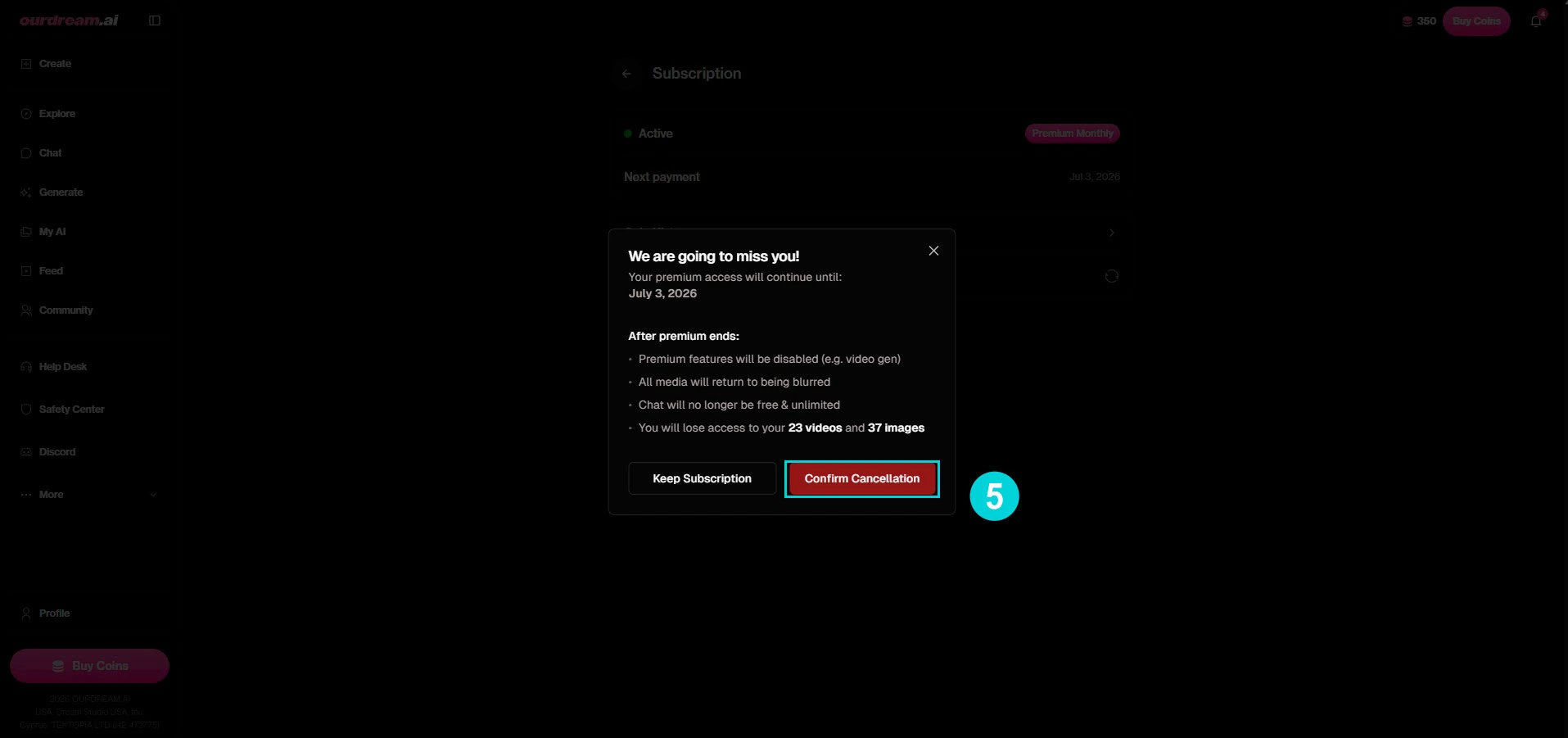 OurDream AI: resumo de fim de assinatura e Confirm Cancellation