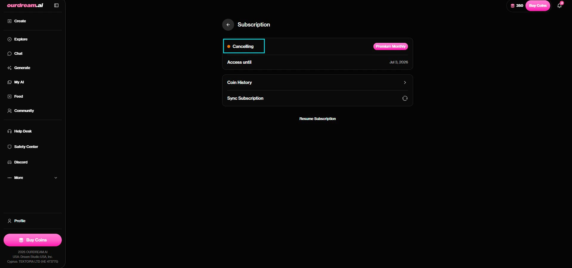 OurDream AI: status Cancelling, acesso até a data, Resume Subscription