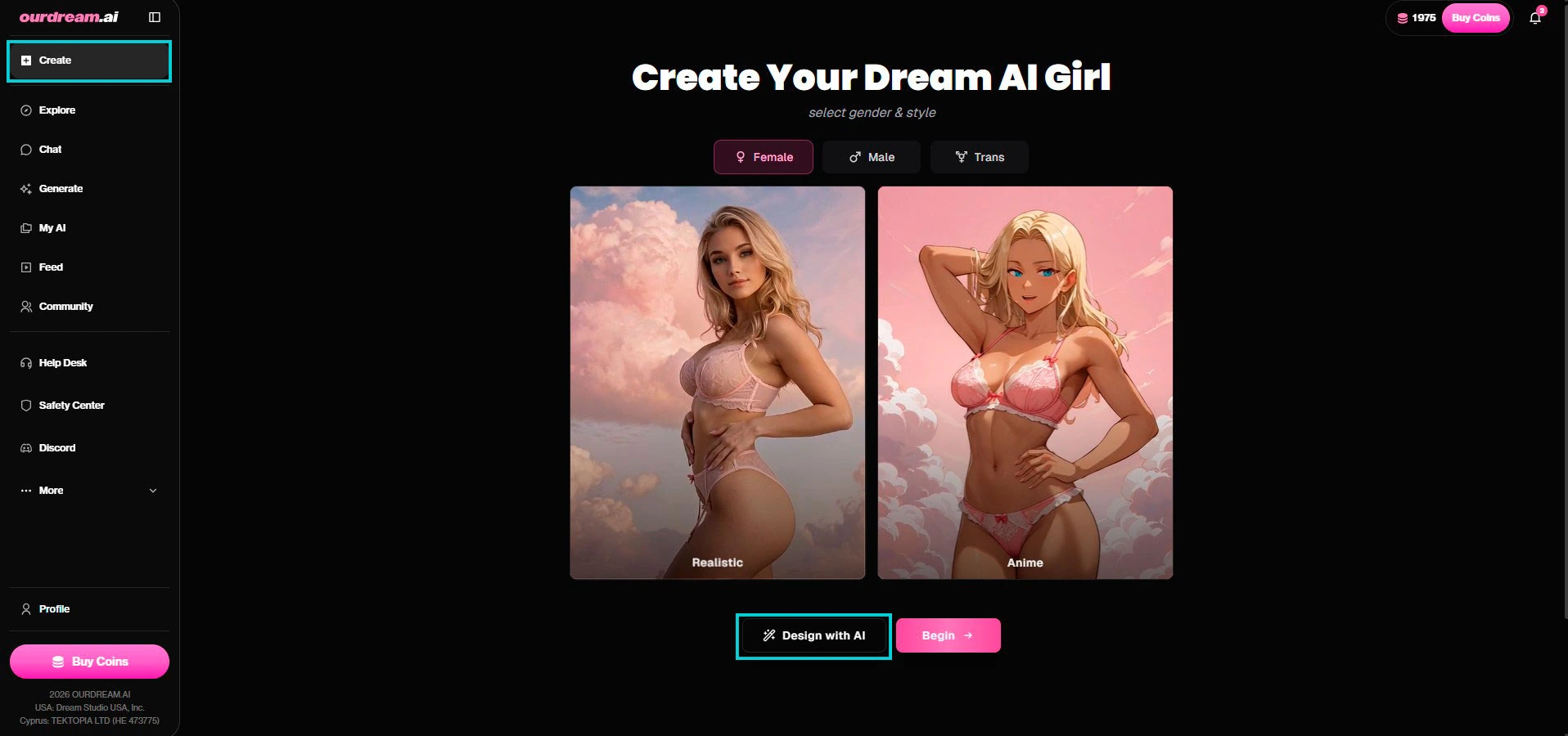 OurDream AI: página Create Your Dream AI Girl, botão Design with AI
