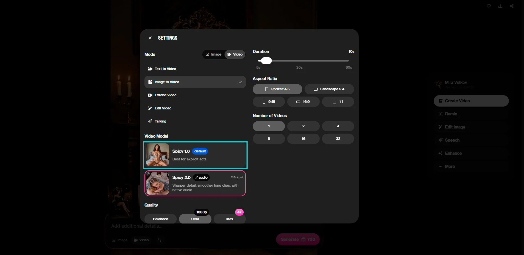 OurDream AI: ajustes de vídeo — duração, modelo Spicy, qualidade