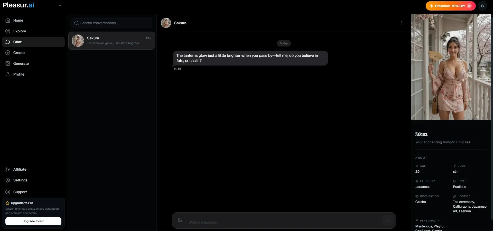 Avaliação Pleasur AI — interface e catálogo de personagens
