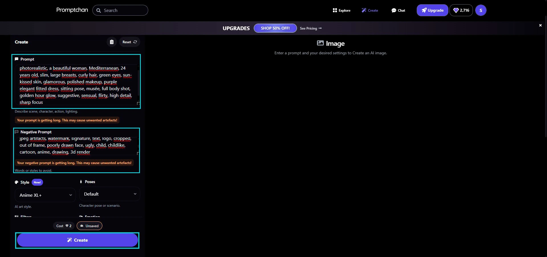 Promptchan: Prompt e Negative Prompt preenchidos, botão Create ativo