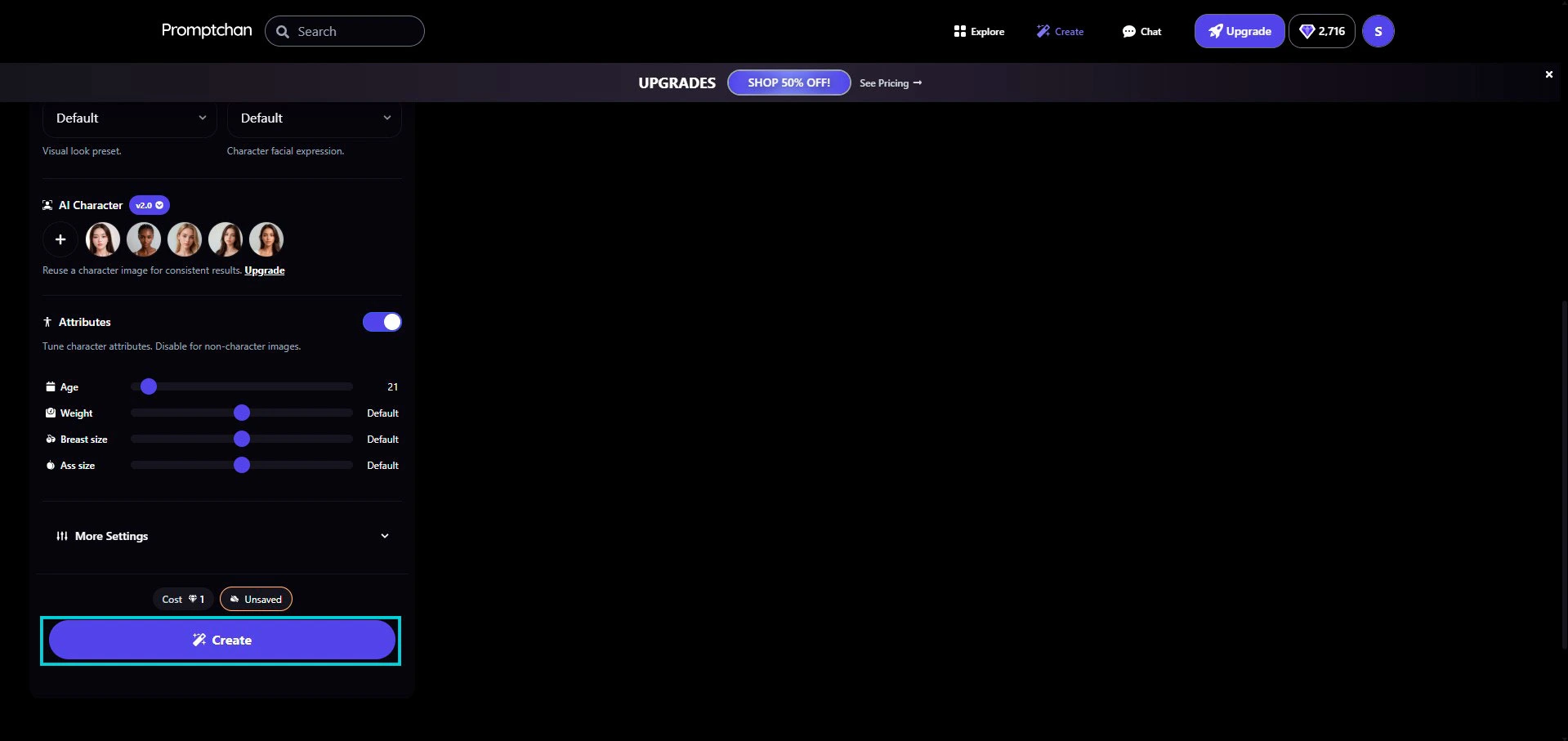 Promptchan: seção AI Character e controles Attributes (idade, físico), botão Create