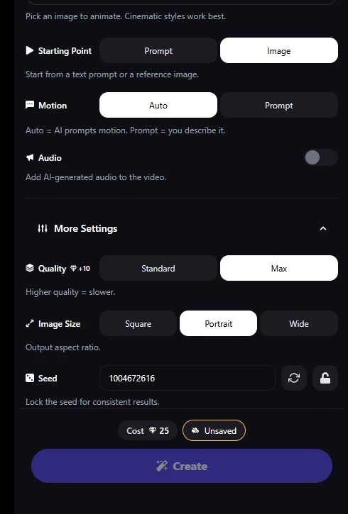 Promptchan: painel Animate — Starting Point, Motion, Audio, Quality, Image Size, Seed e custo em Gems