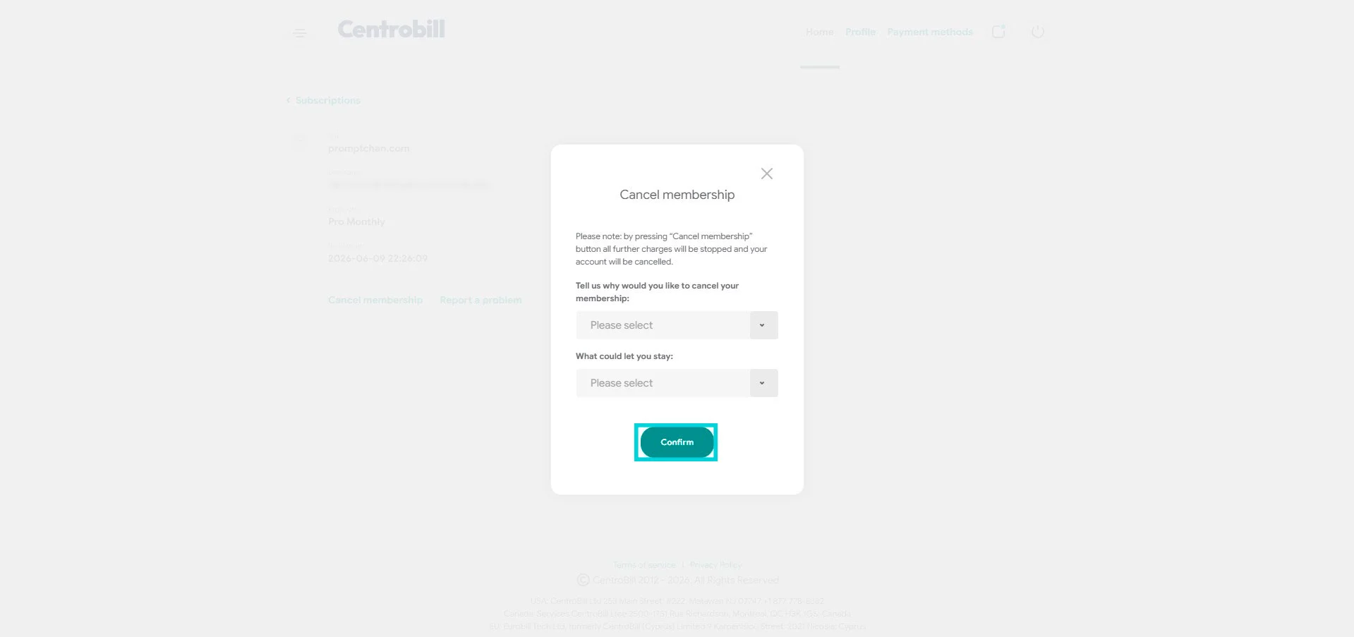 Centrobill: pop-up Cancel membership, botão Confirm