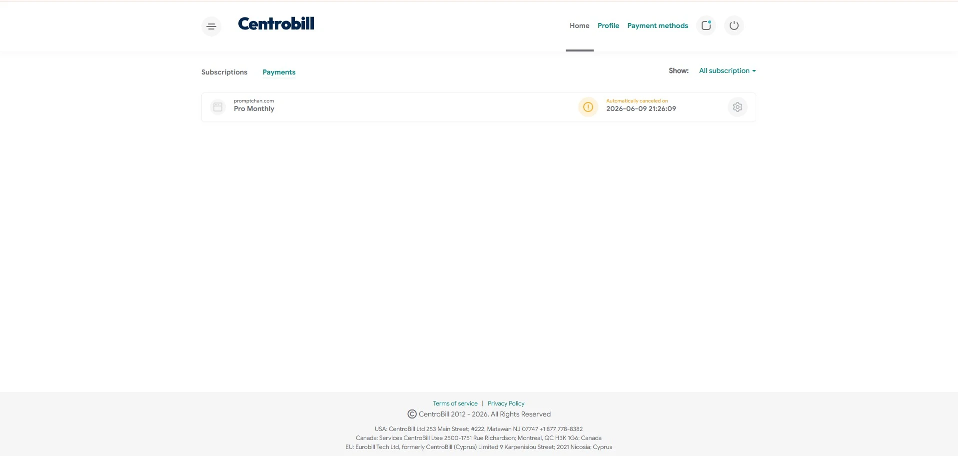 Centrobill: assinatura Automatically canceled on, cancelamento confirmado