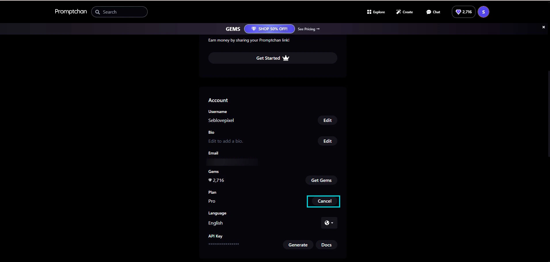 Promptchan: seção Account, botão Cancel ao lado do plano Pro