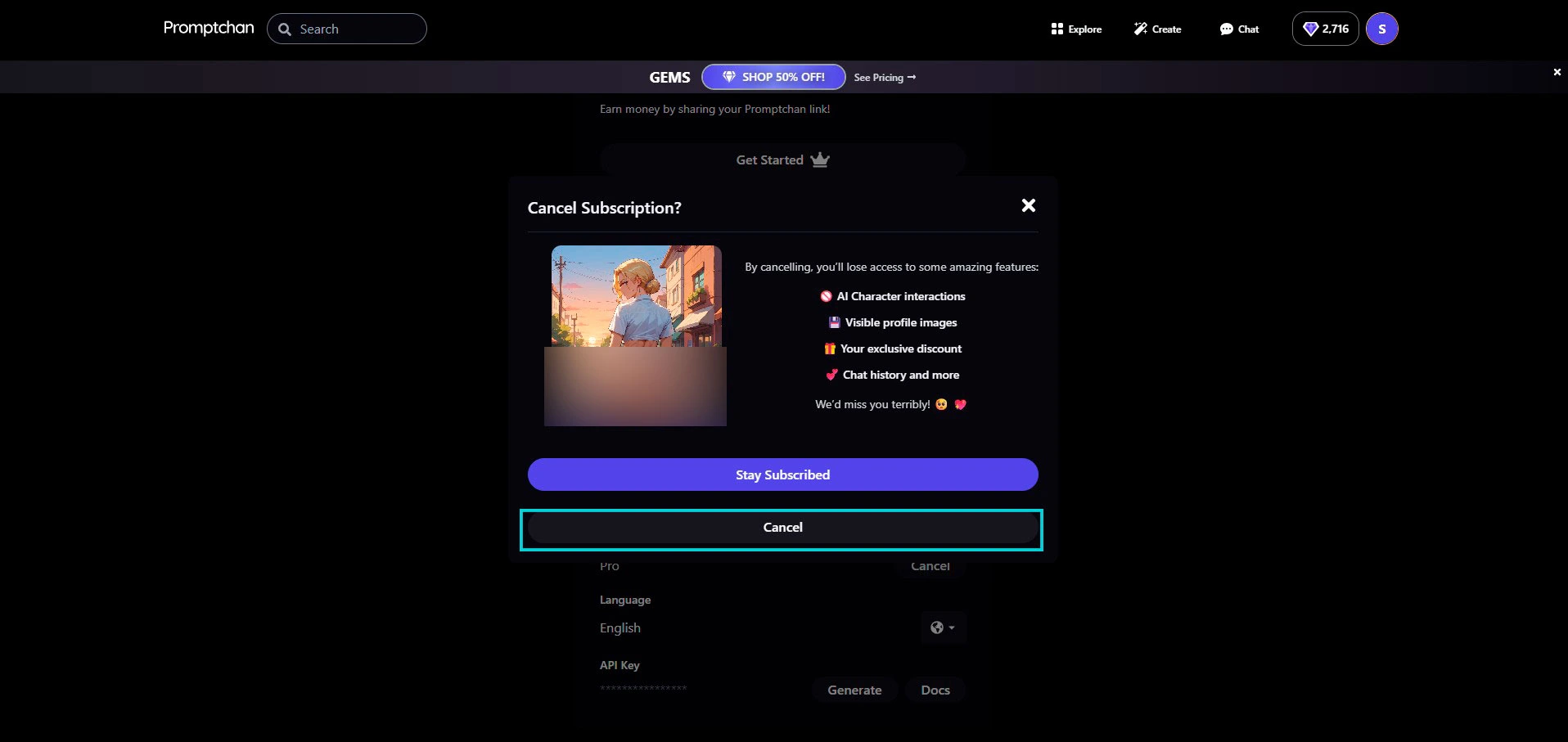 Promptchan: pop-up Cancel Subscription, o que você perde ao cancelar