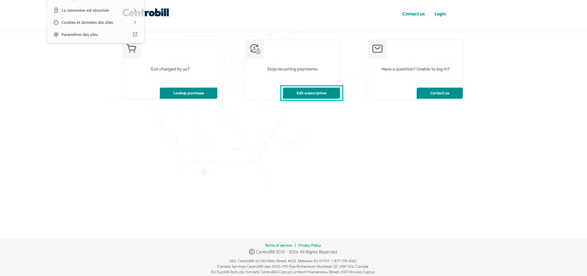 Centrobill: Stop recurring payments, botão Edit subscription