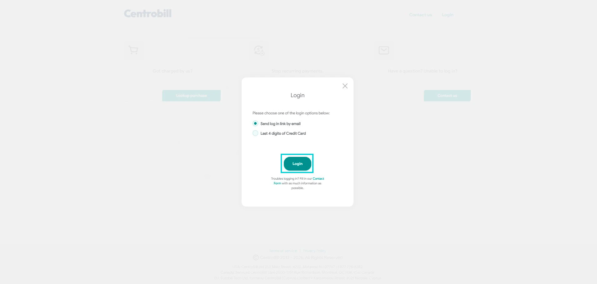 Centrobill: escolha do método de acesso (link por e-mail ou últimos 4 dígitos do cartão)