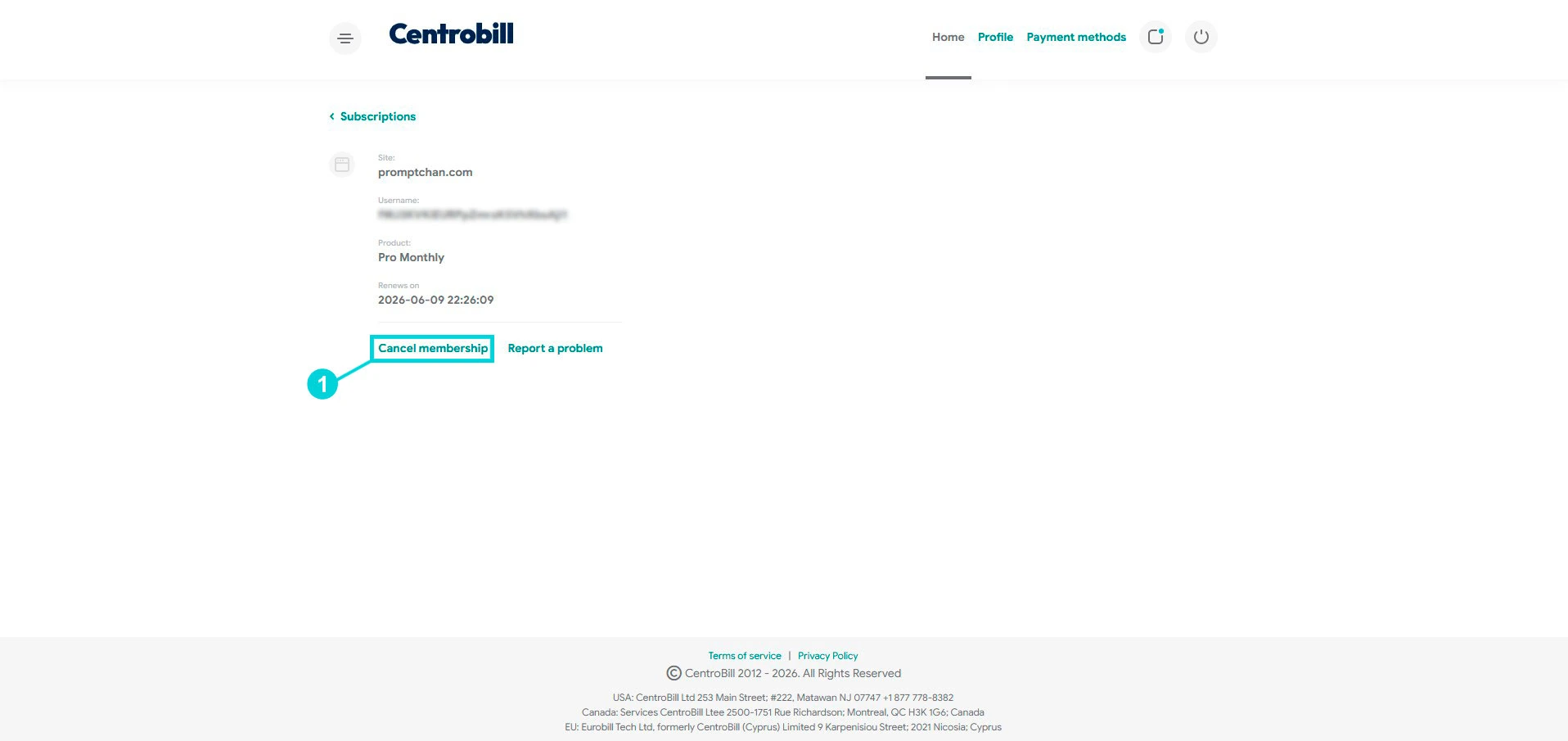Centrobill: cartão da assinatura, link Cancel membership