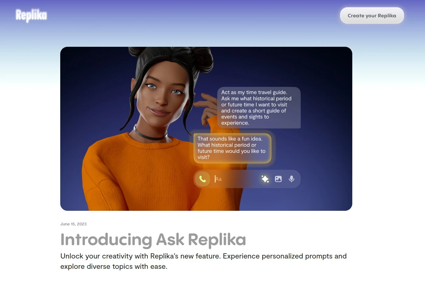 Avatar 3D do Replika em conversa — interface do app com troca escrita
