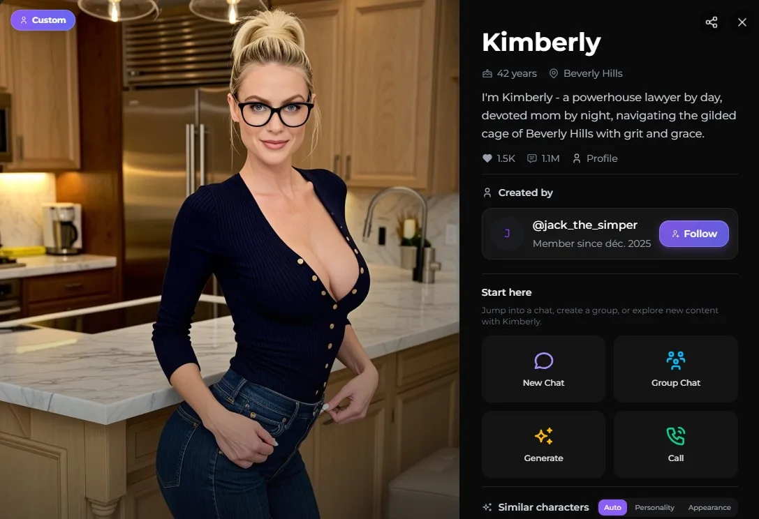 Avaliação Secrets AI — ficha de personagem Kimberly, 42 anos, exemplo de background maduro e bem trabalhado