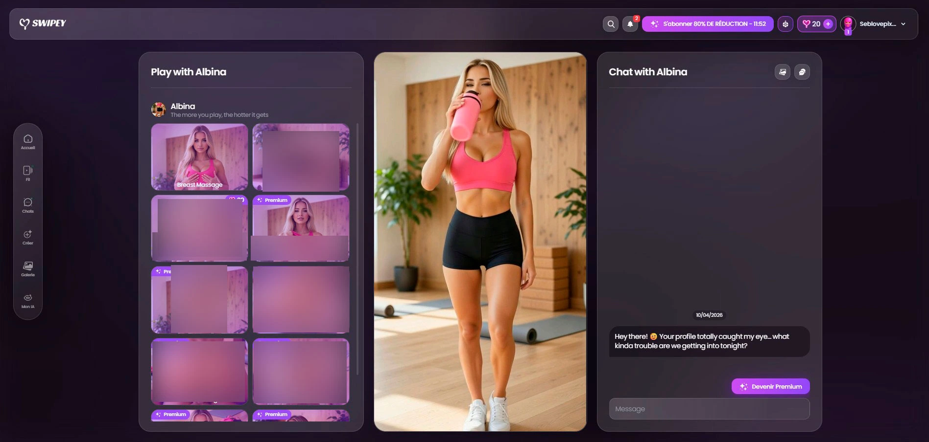 Albina Swipey AI — captura do perfil dela no app, formato Tinder