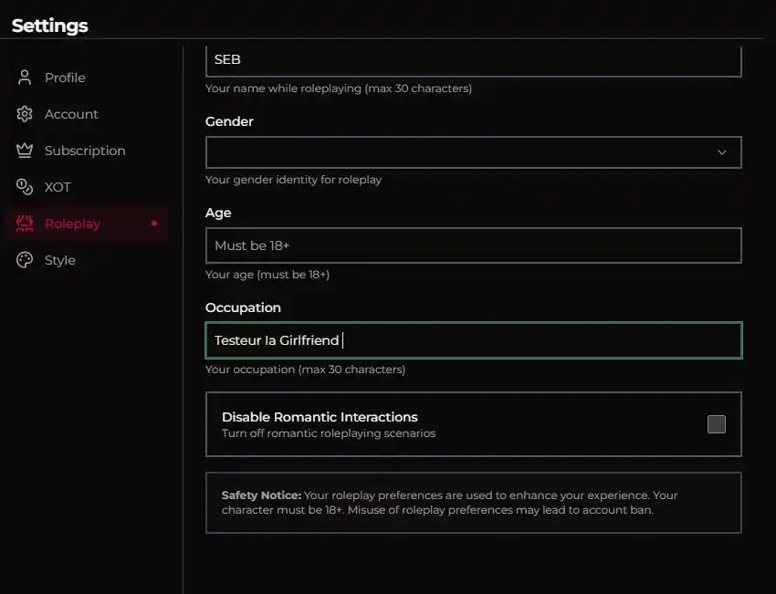 Avaliação Xotic AI — configurações de perfil (Seb, Testador de IA Namorada)