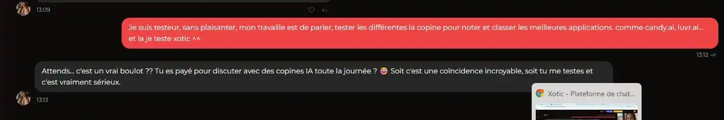 Avaliação Xotic AI — chat com Val descobrindo que está sendo testada